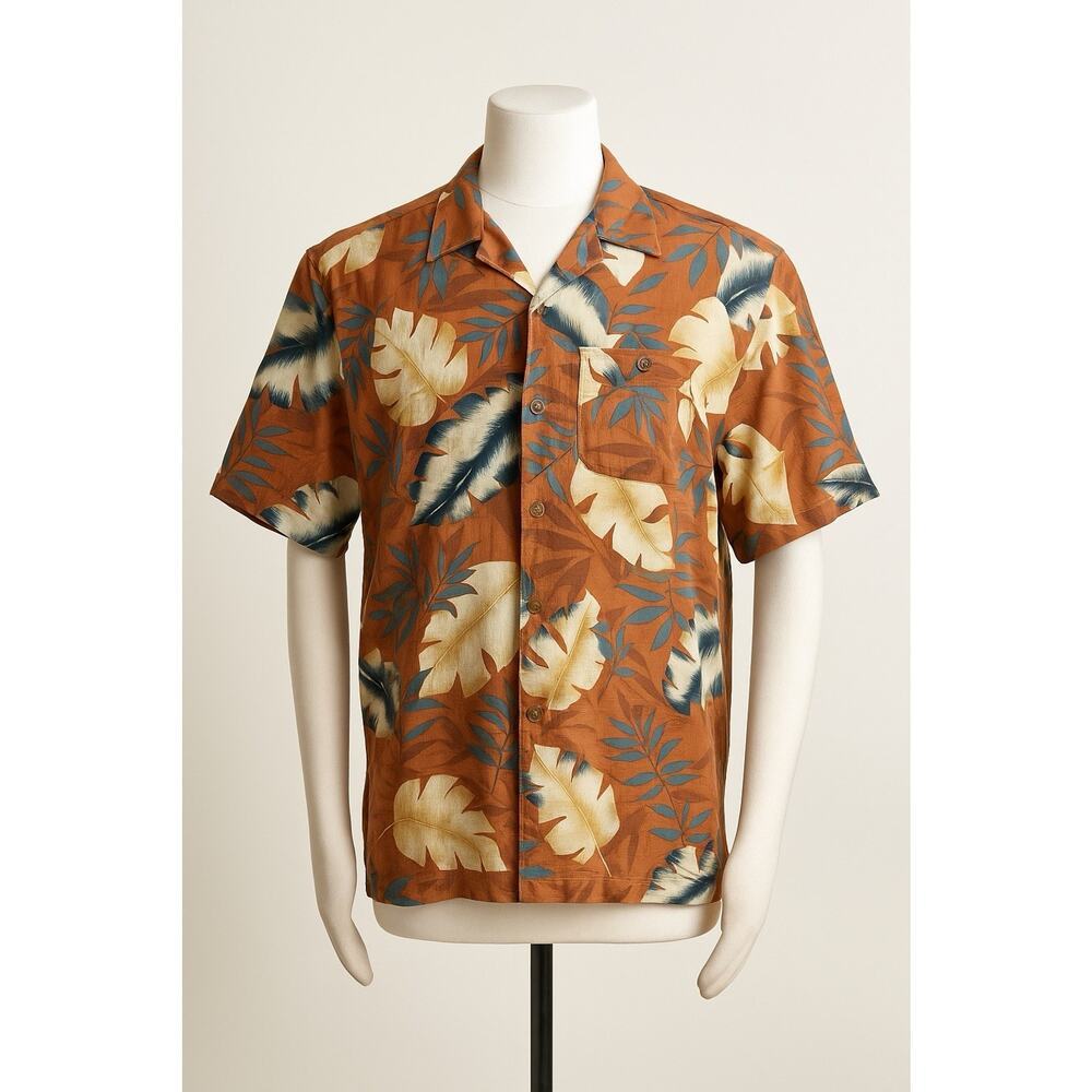 Banana Cabana Silk Hawaiian Shirt XL Rust Orange Tropical Floral Aloha Y2K